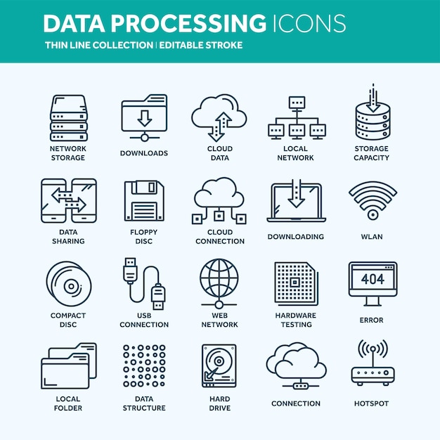 Cloud omputing Internettechnologie Online-diensten Gegevensverwerking Informatiebeveiliging Verbinding Dunne lijn webicon set Outline iconen verzameling