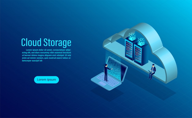 Cloud opslag. Online computing opslagconcept. isometrisch plat ontwerp