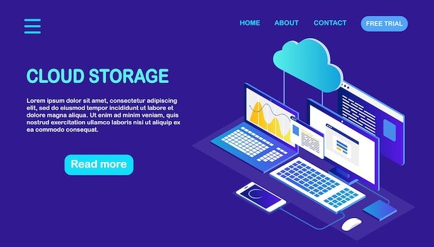 Cloud opslagtechnologie. Reservekopie van gegevens. Isometrische laptop, computer met telefoon. Hostingservice