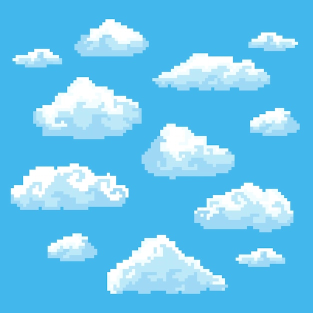 Cloud pixel pixel cloudscape cloud masses at blue sky pixelated icons for game setting and scener