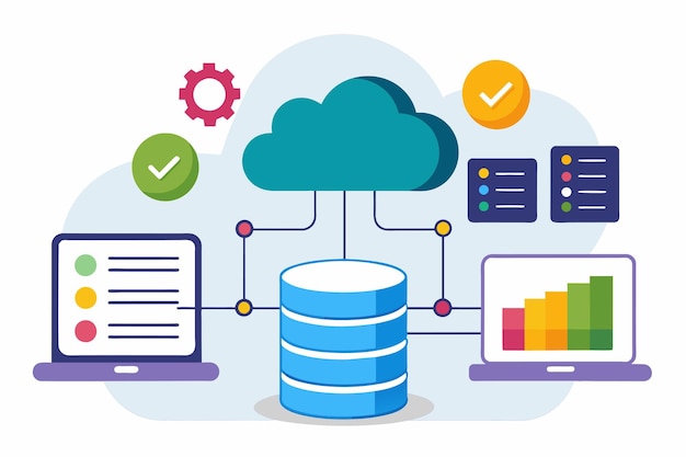 A cloud platform hosting a laptop and server for database storage analysis analysis of database storage in the cloud Simple and minimalist flat Vector Illustration