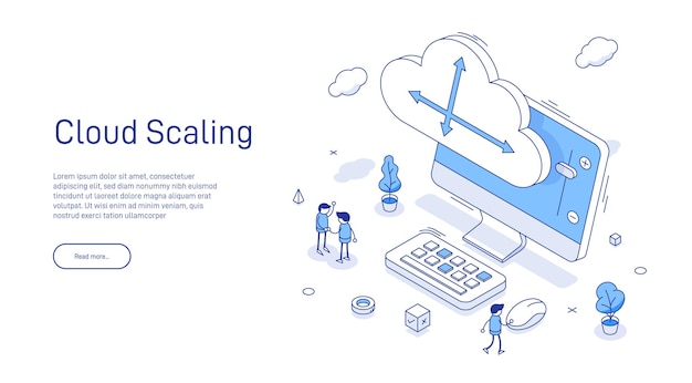 Vettore cloud scaling solution concept la tecnologia di cloud computing è facile da gestire e sta crescendo