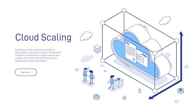 Vettore cloud scaling solution concept la tecnologia di cloud computing è facile da gestire e sta crescendo