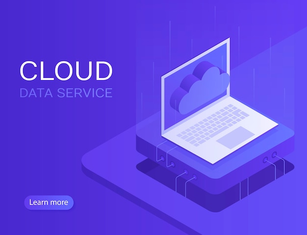 Cloud server banner, laptop met cloud pictogram. moderne illustratie in isometrische stijl