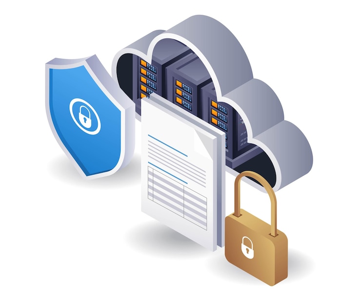 Vector cloud server data security lock flat isometric 3d illustration