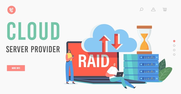 Cloud Server Provider Landing Page Template. RAID Data Storage in Datacenter, Tiny Characters at Huge Pc Block, Virtual Innovative Hosting System for Analysis. Cartoon People Vector Illustration