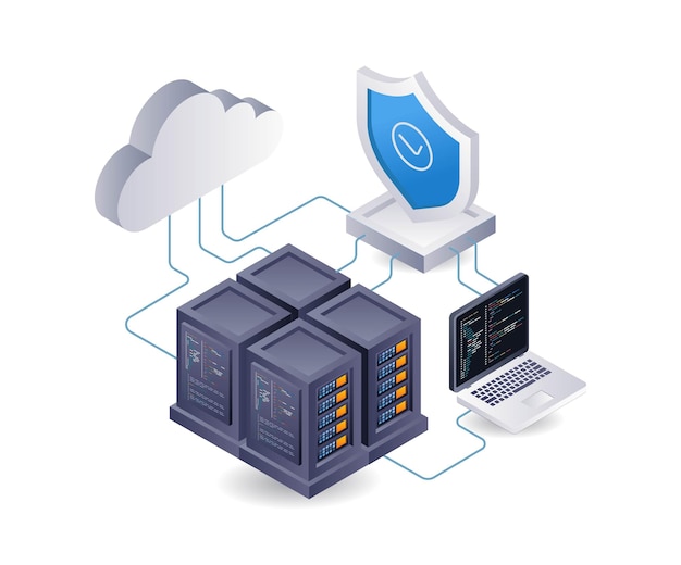 Cloud server security big data analyst infographic 3d illustration flat isometric