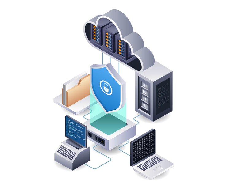 Vector cloud server security data center technology infographic 3d illustration flat isometric