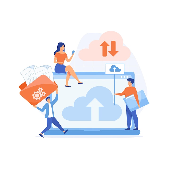Vector cloud server storage concept. team administrator and developer working with computer monitor. flat vector modern illustration