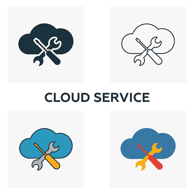 Cloud Service icon set Vier elementen in verschillende stijlen van big data iconen collectie Creatieve cloud service iconen gevuld overzicht gekleurde en platte symbolen