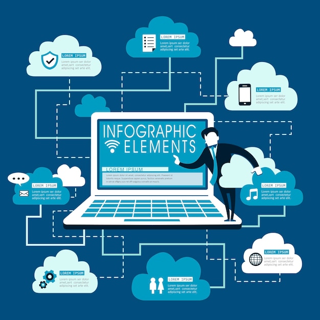 Cloud service plat ontwerp met laptop en cloud computing-symbool