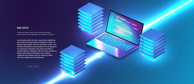 Vector cloud services isometric composition. big data analysis storage business intelligence systems modern high tech isometric background connected with dashed lines. station of future, server room rack.