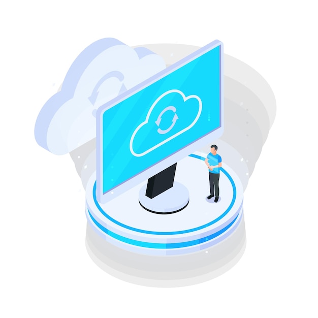 Vector cloud services isometric composition with computer screen showing cloud sync icon and human character vector illustration