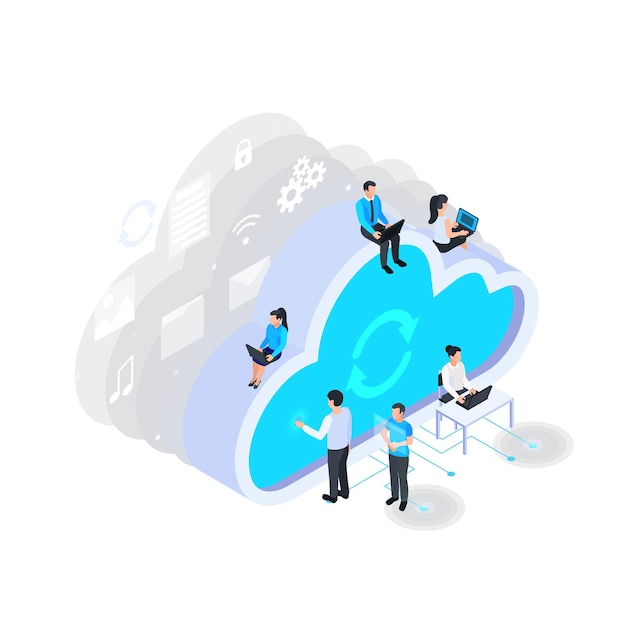 Vector cloud services isometric composition with small human characters using gadgets computers with cloud pictograms vector illustration