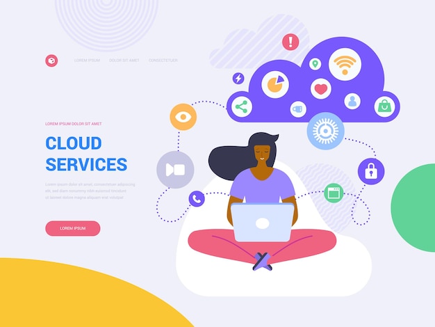 Cloud services landing page vector template. wireless technology website homepage interface idea with flat illustrations. data storage. cloud computing, networking web banner cartoon concept