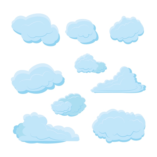 Cloud set collection with various shape and blue color with modern flat style