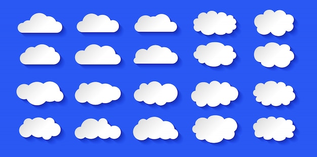 Cloud set, white paper style. Different clouds with shadow and volume. Design elements shape cloudy sky. Chat banner, blank apps and website collection. Isolated on blue background  illustration