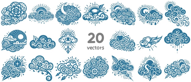 Vector cloud simple vector monochrome drawing on white background collection of images