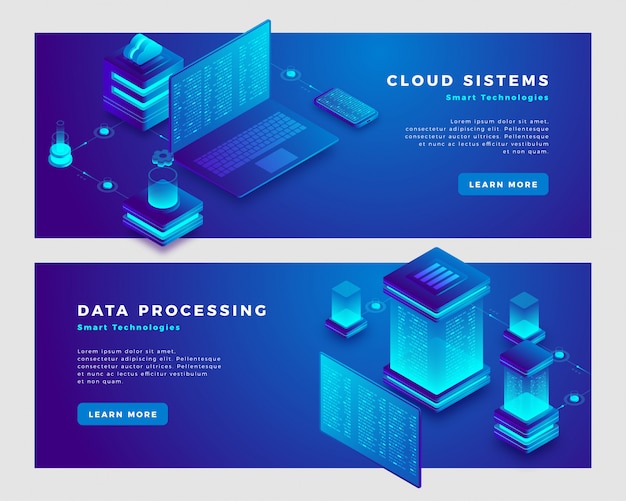 Vector cloud sistems and data processing concept banner template.