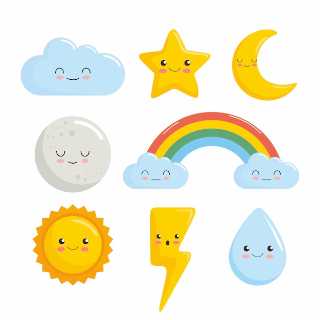 Vettore personaggi kawaii cloud star moon sun rainbow water