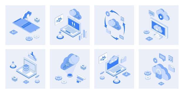 Cloud storage 3d isometric concept set with isometric icons design for web Collection of uploading and downloading data online backup system cyberspace processing and computing Vector illustration