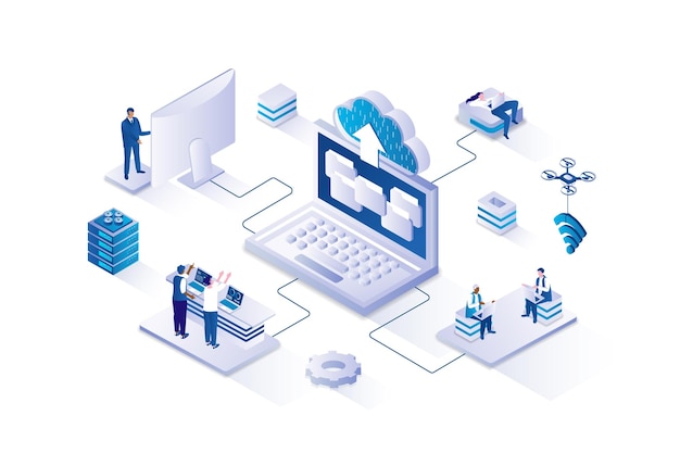 Cloud storage 3d isometric concept with isometry people design for web Users uploading files and transferring data using cloud technology working with online backup services Vector illustration