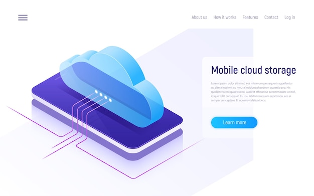 クラウドストレージとテクノロジー、ウェブホスティング、データバックアップアイソメトリックコンセプト。