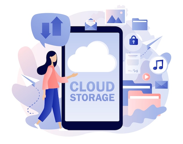 Archiviazione nel cloud servizi di cloud computing le persone minuscole collocano i dati, la musica, i video, le foto, nel cloud di grandi dimensioni