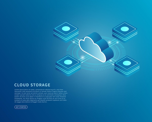 Cloud storage concept in isometric vector illustration Digital service or app with data transfering Digital server database and cloud computing service Vector illustration