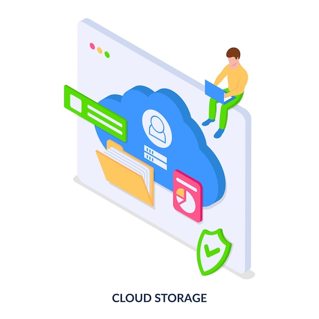 Concetto di archiviazione cloud. pagina web con icone di cartella cloud ecc. illustrazione vettoriale