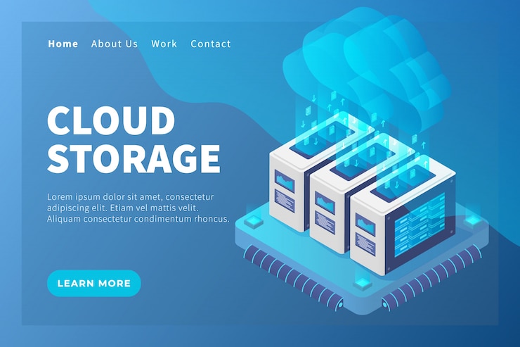 Vector cloud storage concept with server database for website template or landing homepage