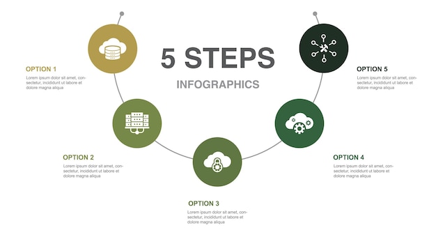 Centro dati di archiviazione cloud cloud privato saas icone del fornitore di servizi modello di progettazione infografica concetto creativo con 5 passaggi