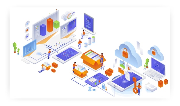 Cloud storage data management flat vector isometric illustration cloud computing technology