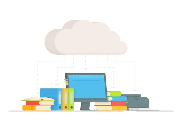 Vettore archiviazione cloud. illustrazione dell'apprendimento online.