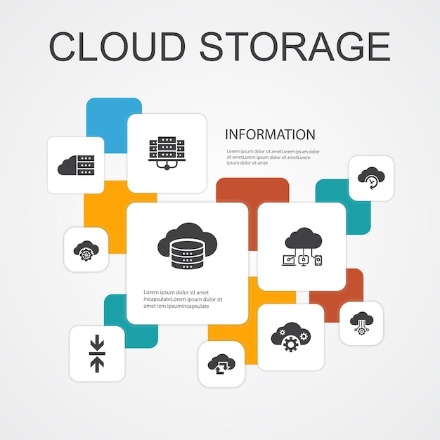 Cloud storage infographic 10 line icons template.cloud backup, data center, hybrid storage, data compression simple icons