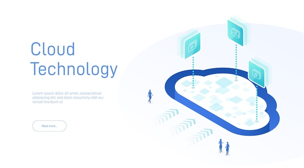 Storaggio cloud isometrico tecnologia dei servizi informatici infrastruttura di rete piattaforma di server di dati