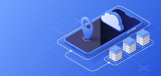 Illustrazione isometrica dell'archiviazione su cloud piattaforma del server di dati tecnologia di servizio informatico