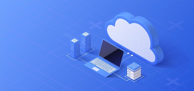 Illustrazione isometrica dell'archiviazione su cloud piattaforma del server di dati infrastruttura di rete