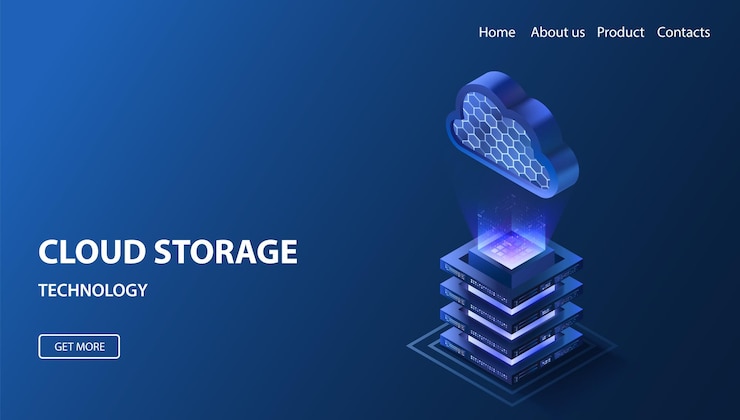 Vector cloud storage isometric illustration glowing data server platform blue neon secure platform