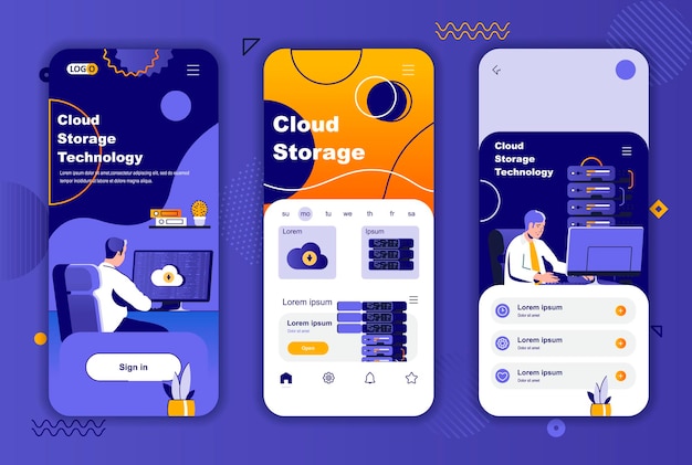 Vector cloud storage mobile app screens template for social networks stories