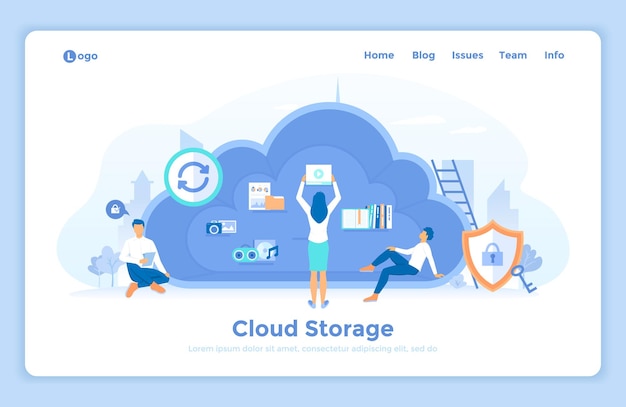 Vettore storage cloud servizi di hosting di rete di cloud computing online le persone posizionano i loro dati musicali