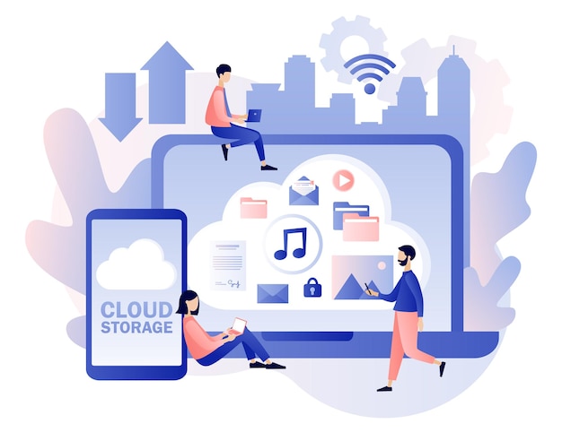 Archiviazione su cloud online servizi di cloud computing elaborazione dati le persone minuscole mettono la musica dei dati