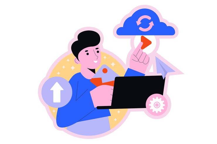Cloud storage round concept with people scene in the flat cartoon style