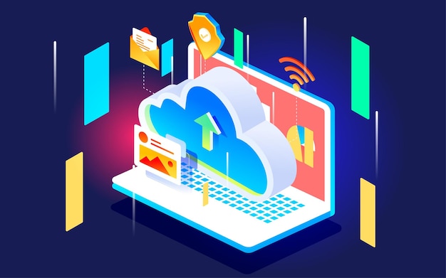 Vettore sicurezza della rete informatica del servizio di archiviazione cloud con una nuvola sull'illustrazione vettoriale del computer