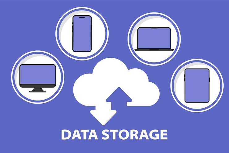 Vector cloud storage. sharing information with smartphone, tablet, computer and laptop. cloud computing technology. hosting, network management, data synchronization, database, remote access. digital devices