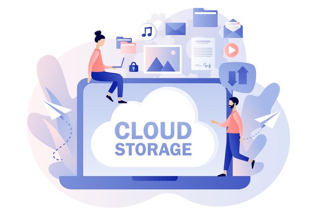 Vector cloud storage text on laptop screen cloud computing services data processing tiny people place