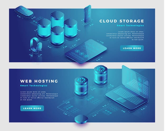 Vector cloud storage and web hosting concept banner template