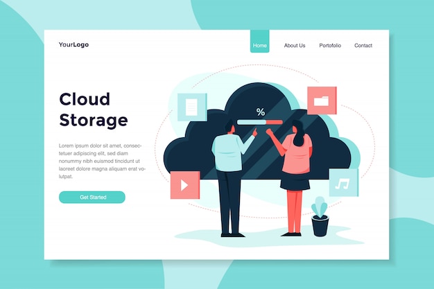 Vector cloud storage with two young man and women modern flat   illustration