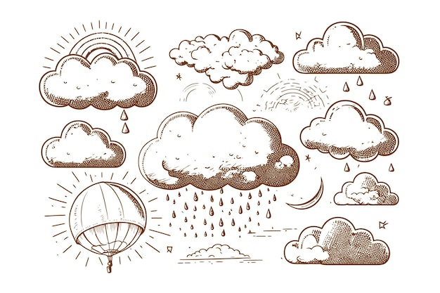 Cloud Sun rain Black color in sketch style Vector illustration