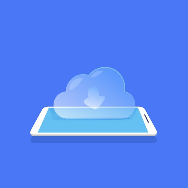 cloud synchronization icon mobile data storage application blue background flat